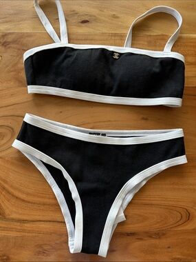 Black and White Trim Bandeau Bikini Set
